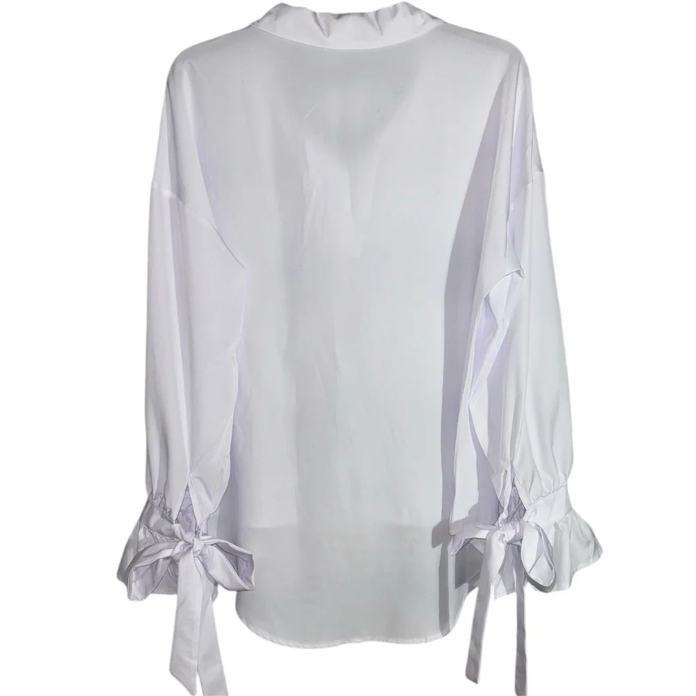 White Oversized Hi-Lo Blouse with Ruffled Cuffs & Tie Sleeves Boutique Size - Picture 5 of 11